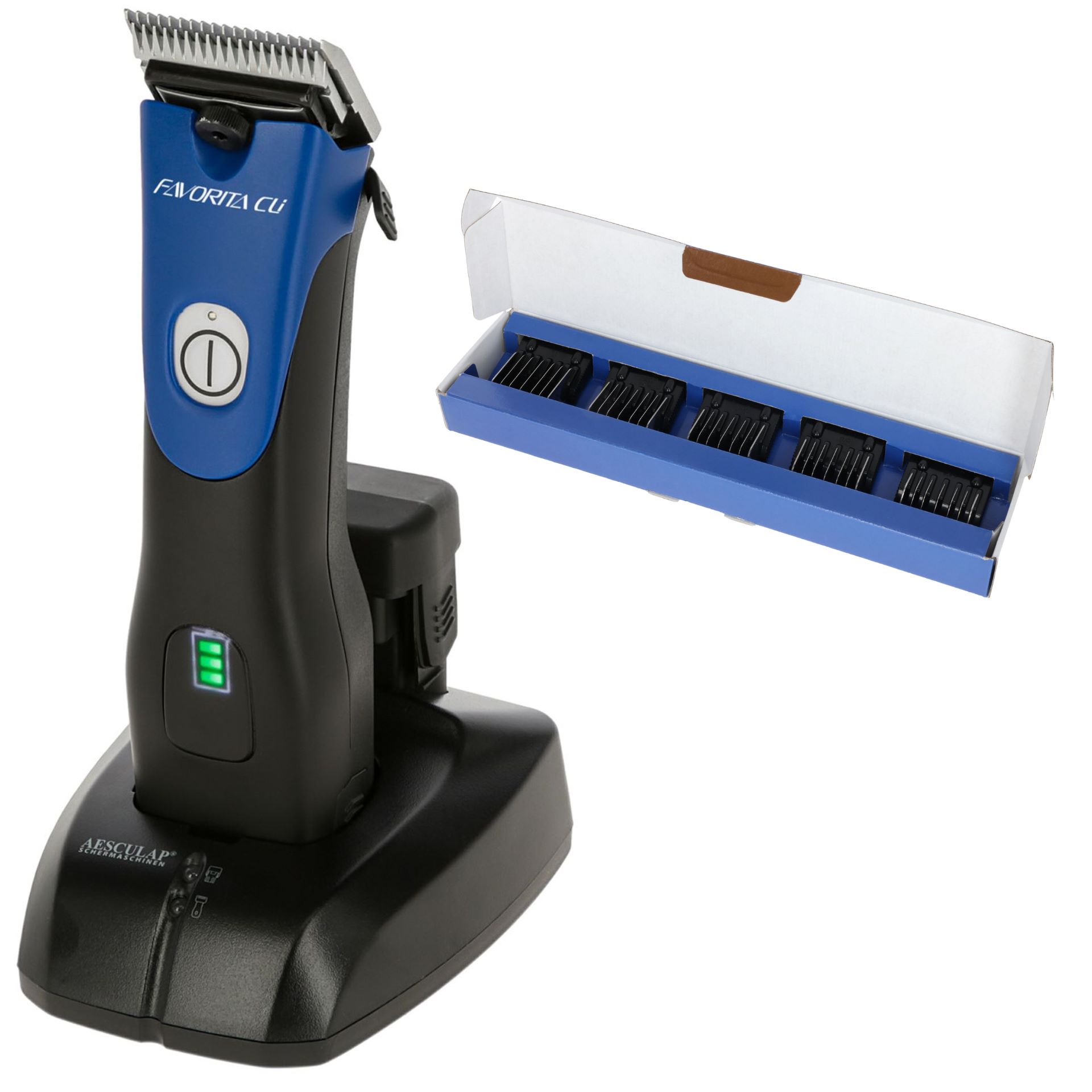 Aesculap Favorita CLi Clipper blue battery with attachment comb set