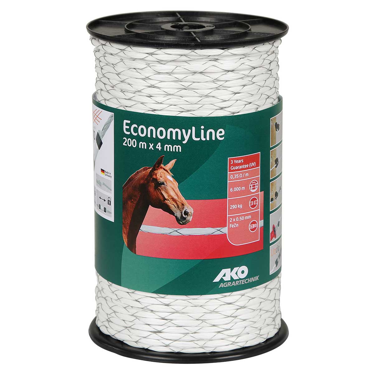 Ako Pasture Fence Rope EconomyLine cross-wound Ø 4mm, 2x0.50 FeZn, 200 m