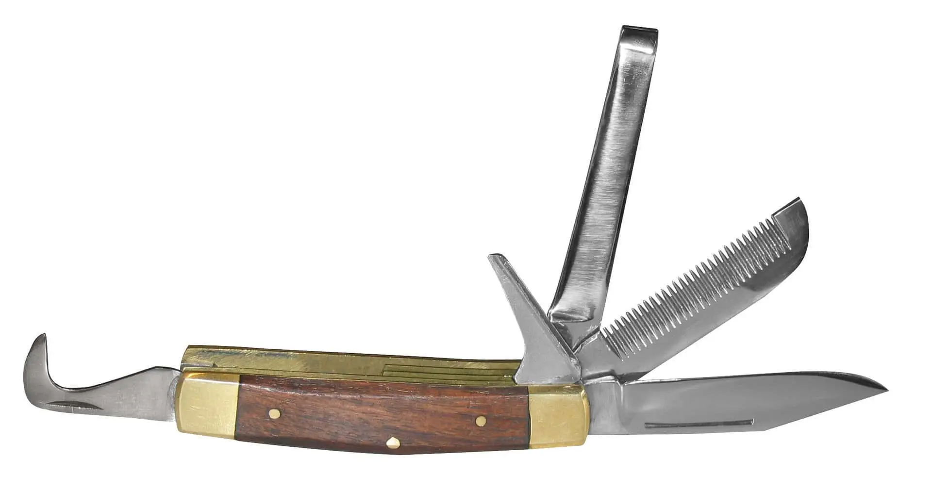 Mulitpurpose knife with 5 diff. blades, woodencolor grip