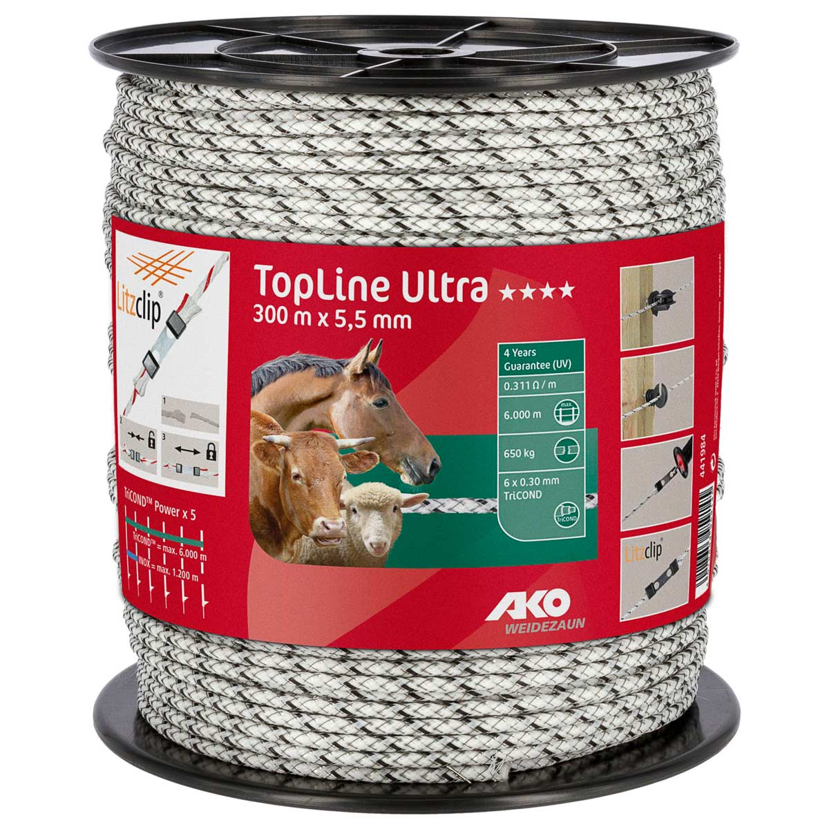 Ako Pasture Fence Rope TopLine Ultra 300m, Ø 5.5mm, 6x0.30 TriCOND, white-black