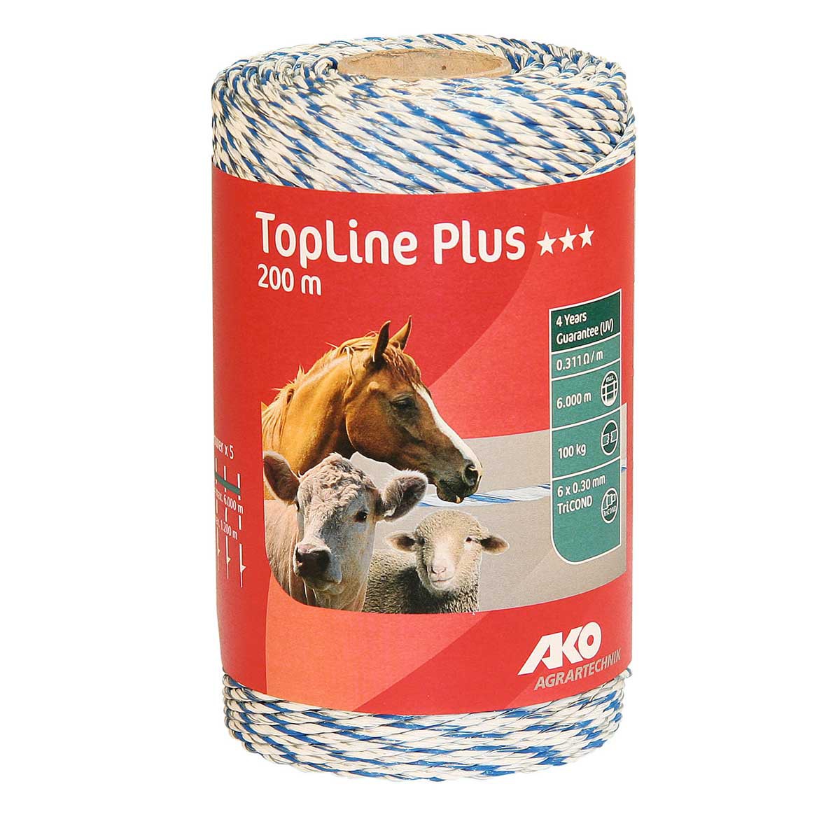 Ako Pasture Fence Polywire TopLine Plus 6x0.30 TriCOND, white-blue. 400 m