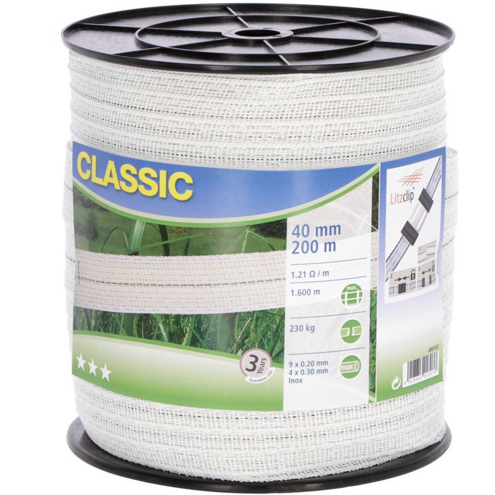 CLASSIC Fencing Tape 200m 40mm 9x0,20 + 4x0,30 Niro white