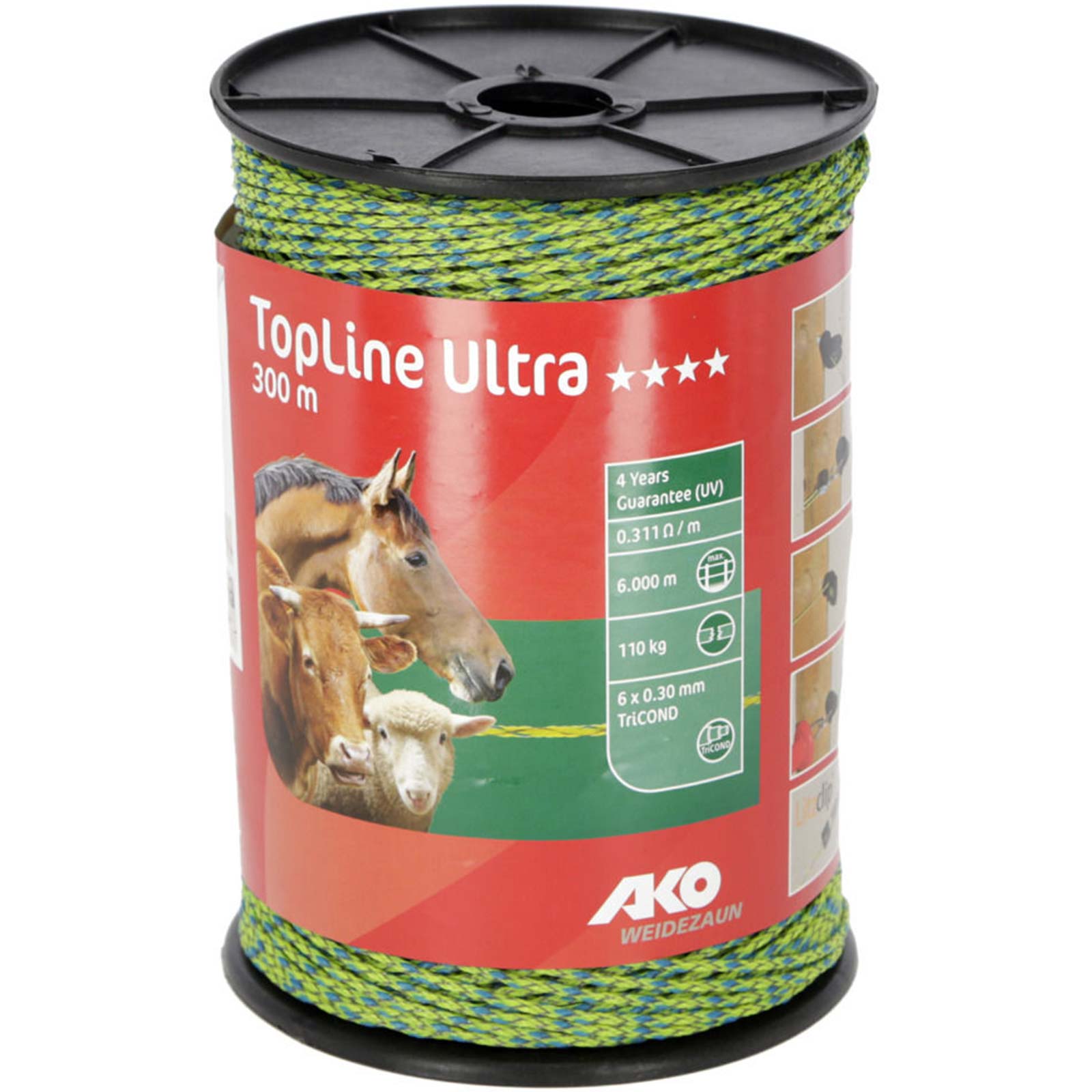 Ako Pasture Fence Polywire TopLine Ultra 6x0.30 TriCOND, neon yellow-blue, 300 m