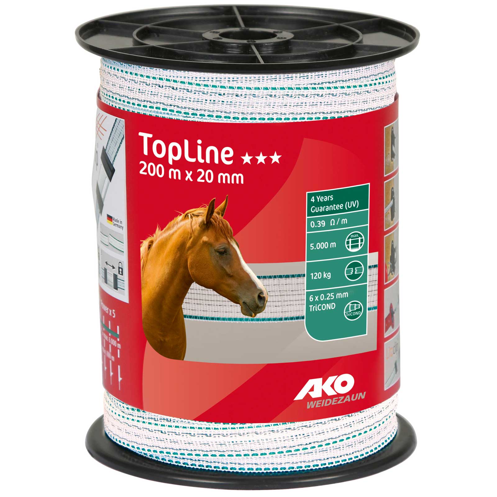 Ako Pasture Fence Tape TopLine 20mm, 6x0.25 TriCOND, white-petrol, 200 m