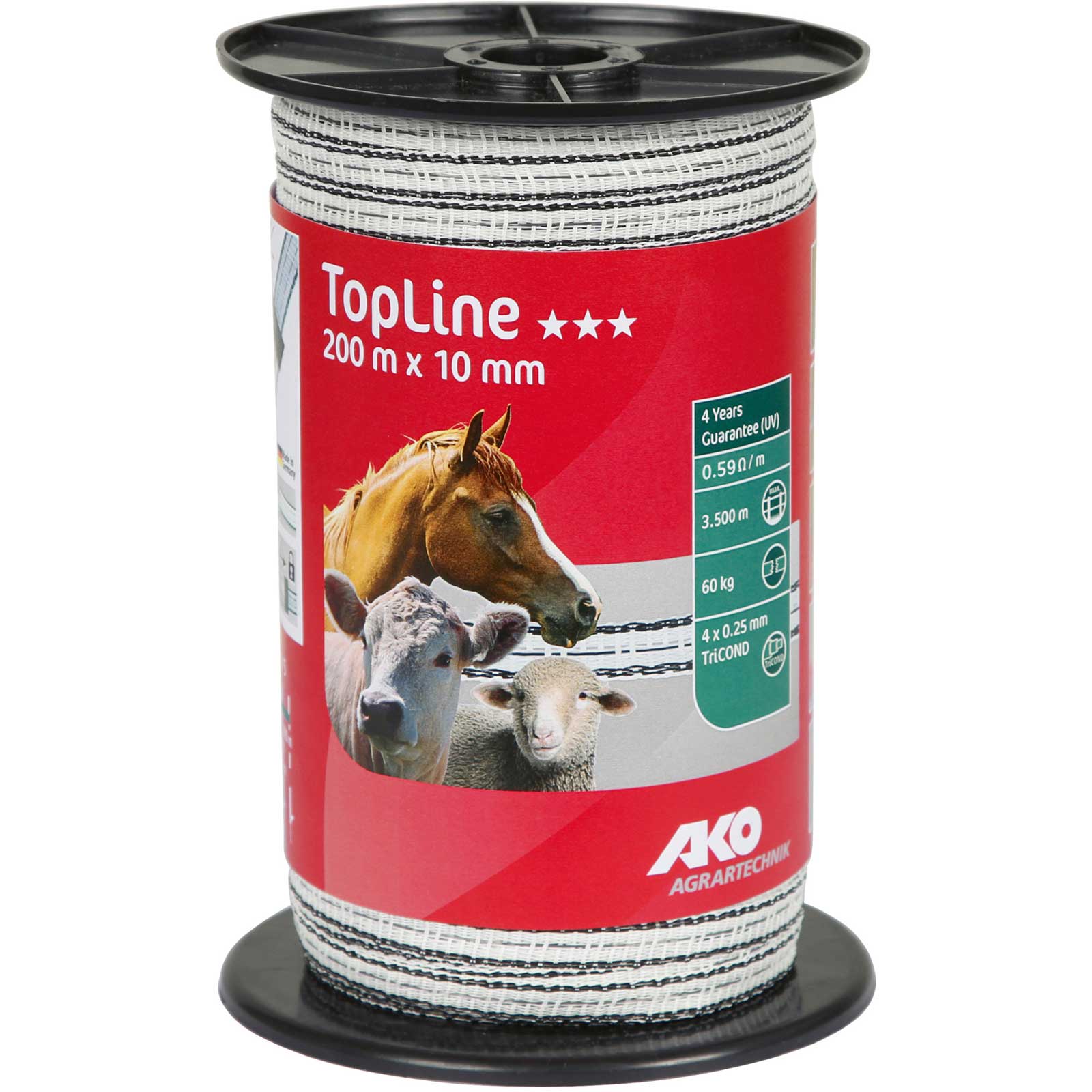Ako Pasture Fence Tape TopLine 0.25 TriCOND, white-black, 200 m