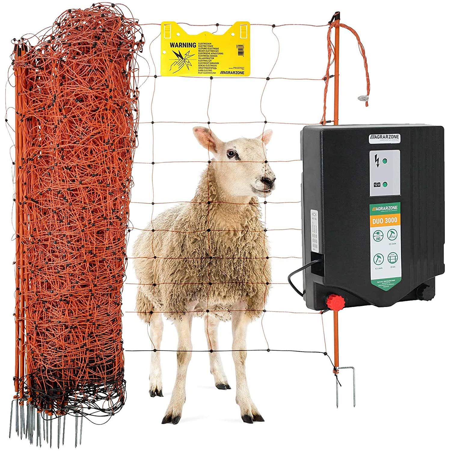 Agrarzone sheep fence set DUO 3000 12V/230V, 4,5J, net 50m x 90cm, orange