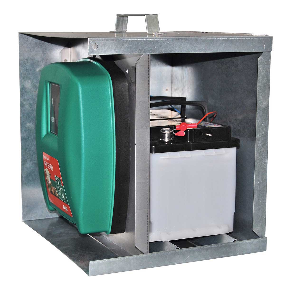 Metal battery case for electric fence energiser