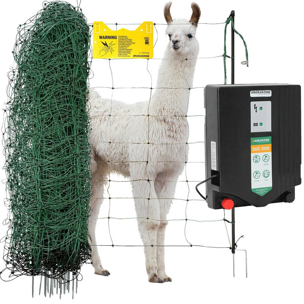 Agrarzone llama, alpaca and goat fence set DUO 3000 12V/230V, 4.5J, net 50m x 108cm, green
