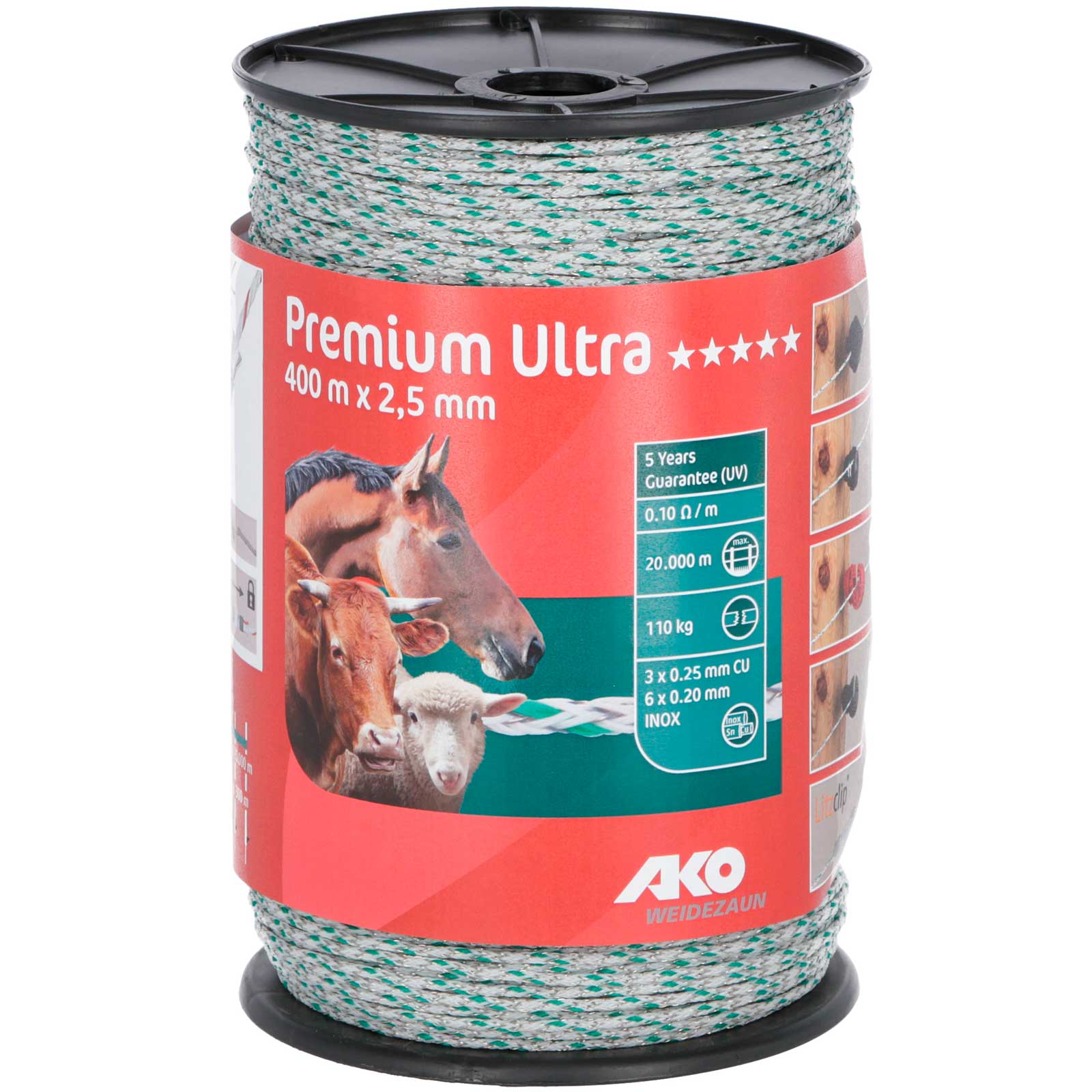 Ako Pasture Fence Wire Premium Ultra 6x0.20 Niro + 3x0.25 Copper, white-green, 400 m