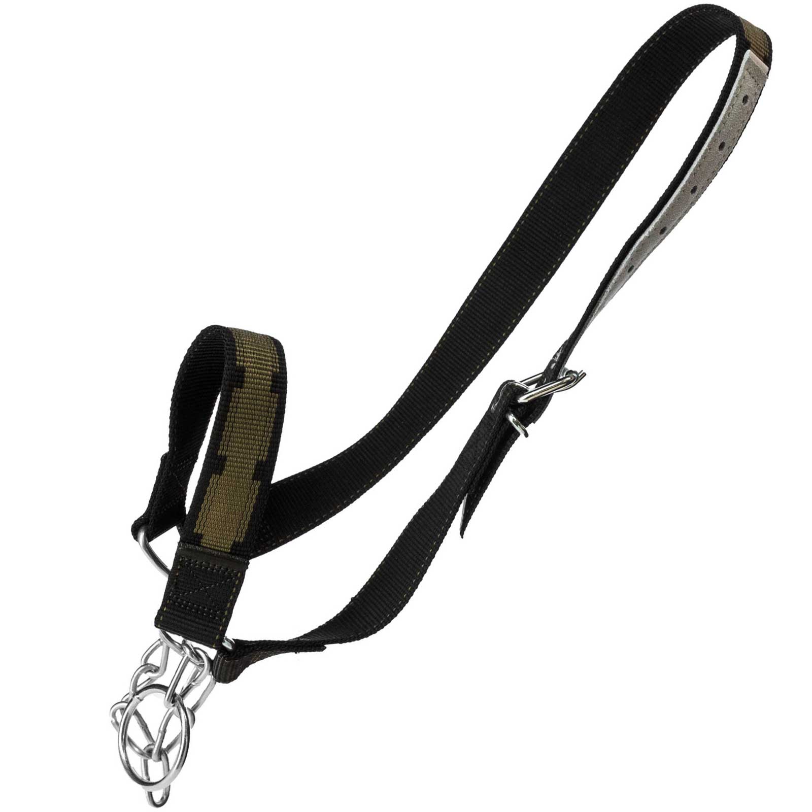 Cow halter with chin chain strengthened with leather