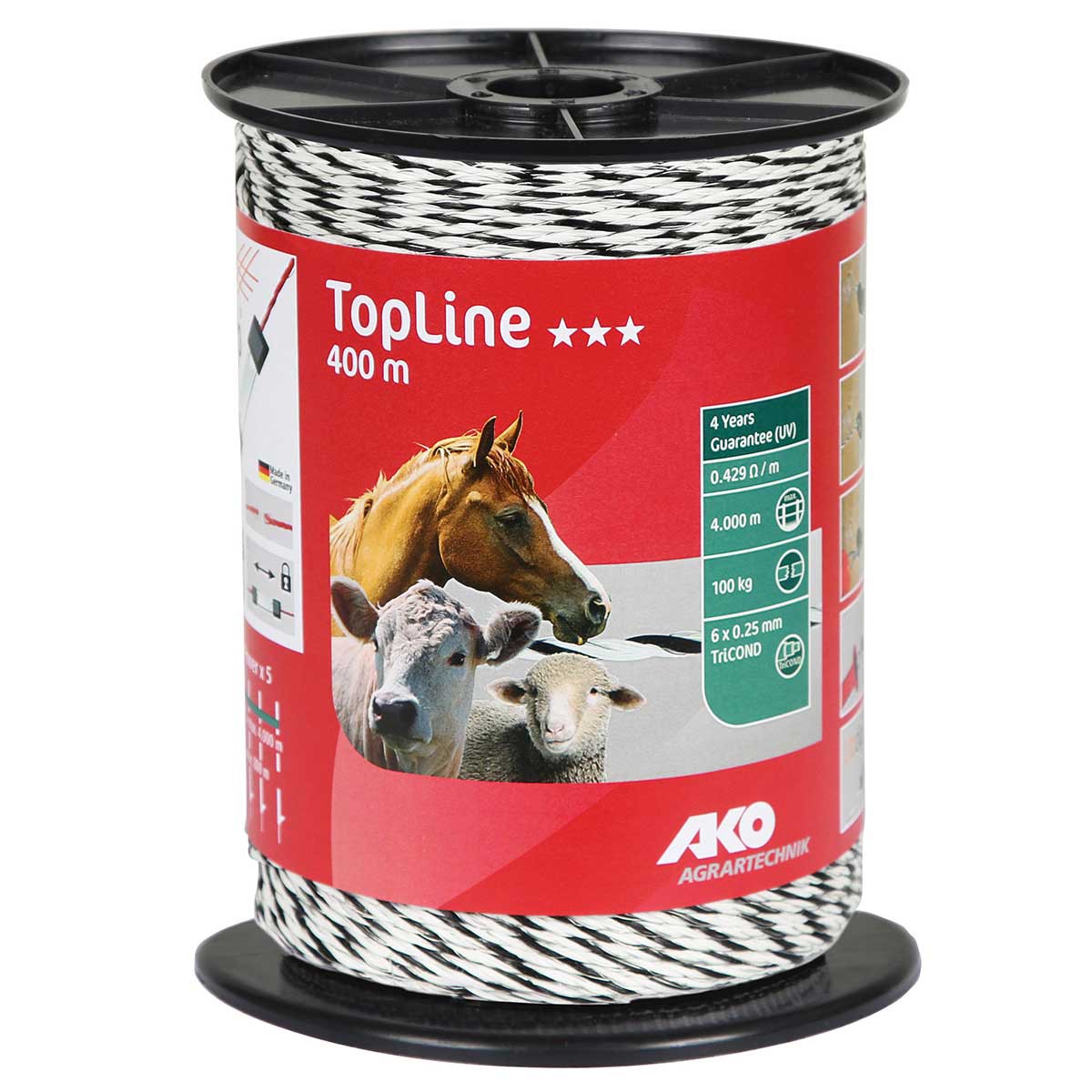 Ako Pasture Fence Polywire TopLine 400m, 6x0.25 TriCOND, black-white
