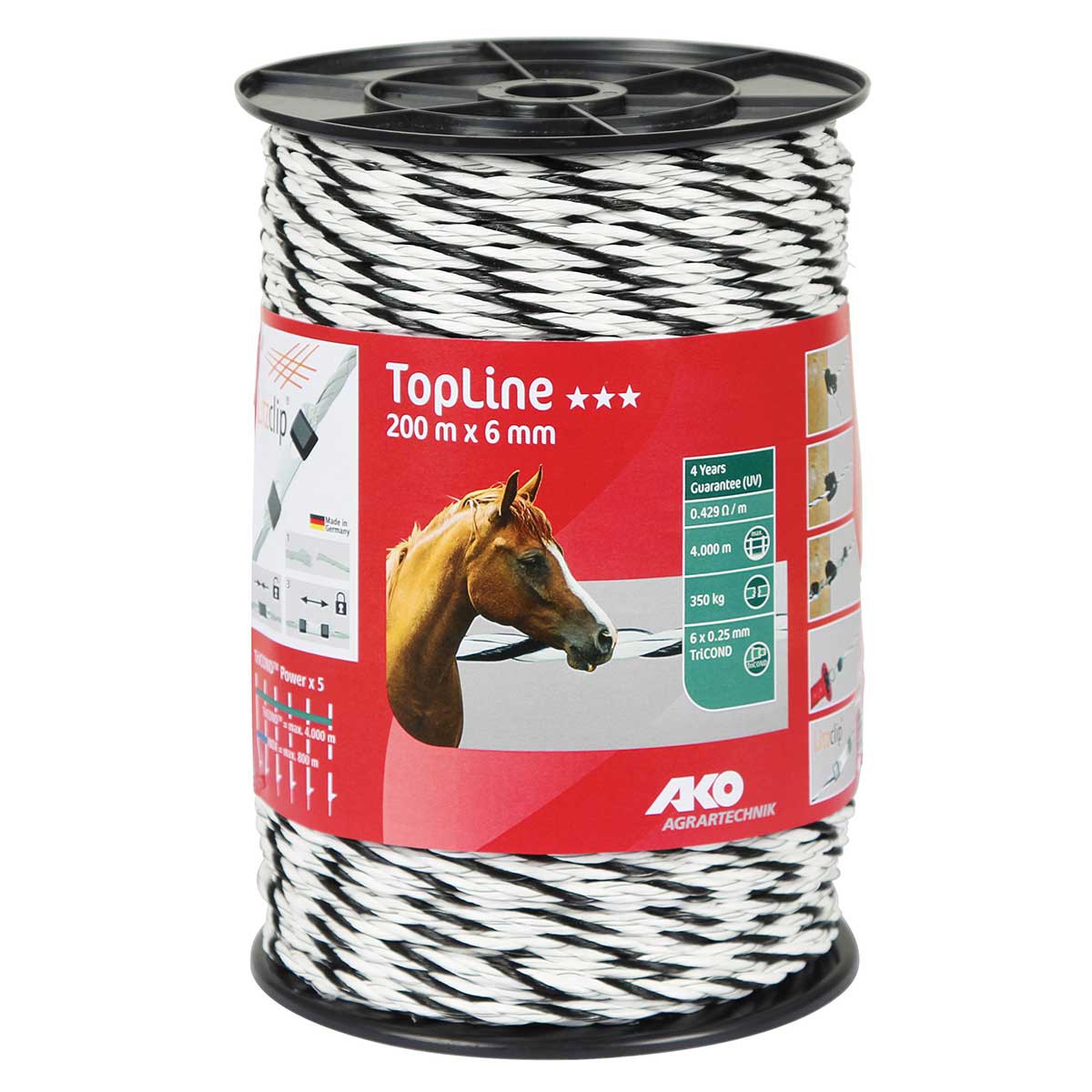 Ako Pasture Fence Rope TopLine Plus Ø 6mm, 6x0.25 TriCOND, white-black, 400 m